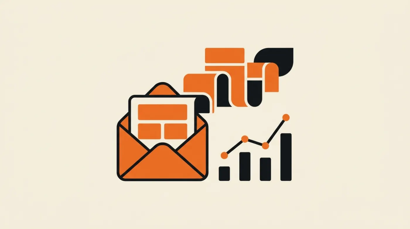 Pantalla de portátil mostrando una newsletter de pyme abierta junto a un panel de métricas de email marketing